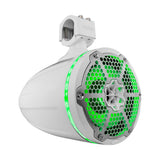 Angled front view of a white tower speaker with a silver honeycomb grille and green lighting