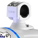 Close-up of a white DS18 tower-speaker mounting clamp above a blue illuminated trim ring