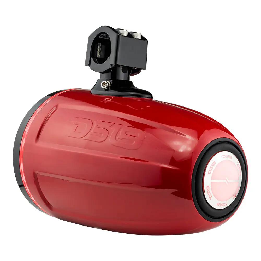 Rear three-quarter view of a red DS18 tower speaker showing its circular illuminated emblem and mounting clamp