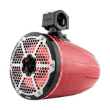 Opposite front angle of a red DS18 tower speaker with red lighting and a silver honeycomb grille