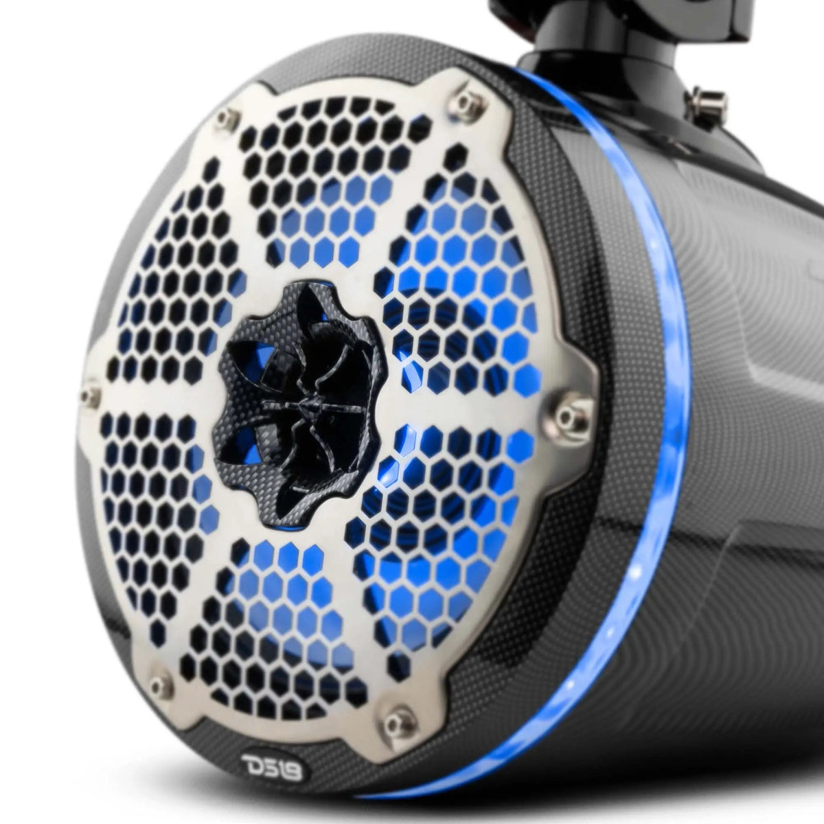 Close-up of a carbon-fiber-pattern tower speaker's honeycomb grille and blue illuminated rim