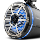 Close-up of a carbon-fiber-pattern tower speaker's honeycomb grille and blue illuminated rim