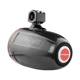 Rear-angle view of a carbon-fiber-pattern tower speaker with mounting clamp and red-lit circular end badge