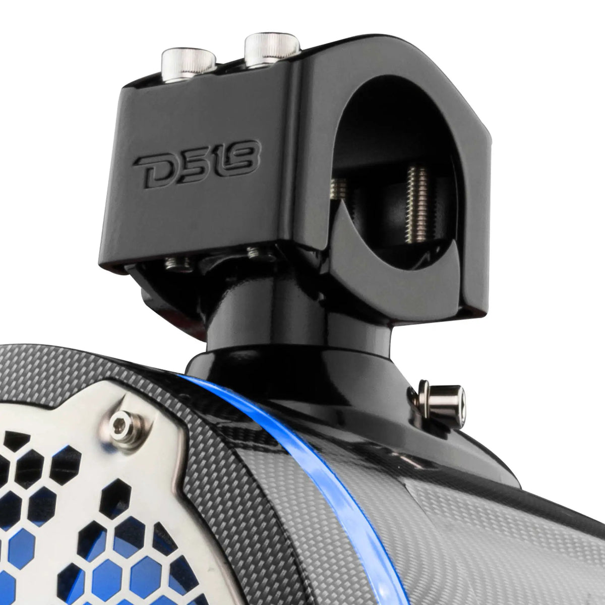 Close-up of a black DS18 tower-speaker mounting clamp above a blue illuminated trim ring