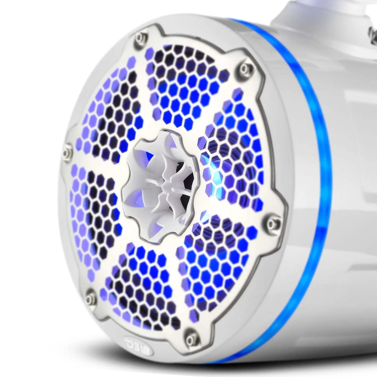 Close-up of a white tower speaker's silver honeycomb grille, central driver and blue lighting