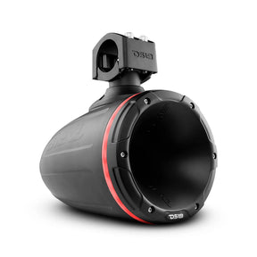 Angled front view of a black DS18 horn tower speaker with a red illuminated ring and mounting clamp
