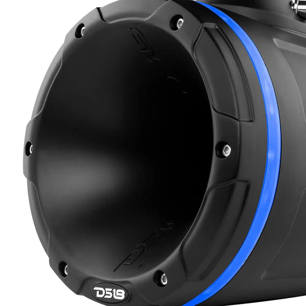 Close-up of a black DS18 horn speaker opening with a blue illuminated outer ring
