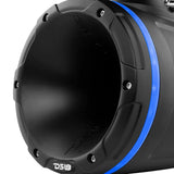 Close-up of a black DS18 horn speaker opening with a blue illuminated outer ring