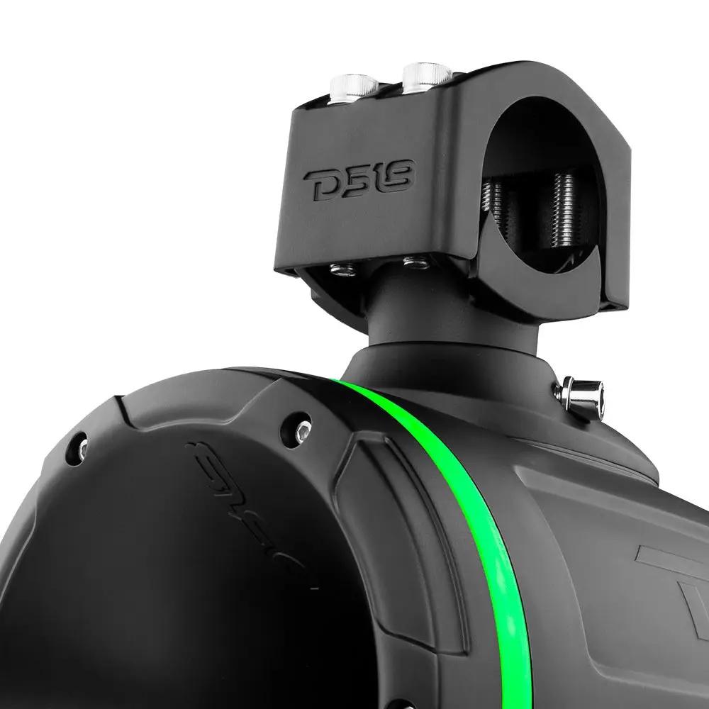 Close-up of a black DS18 tower speaker's mounting clamp and green illuminated outer ring