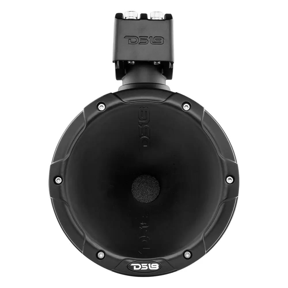 Front view of a black DS18 horn tower speaker showing its flared horn and top mounting clamp