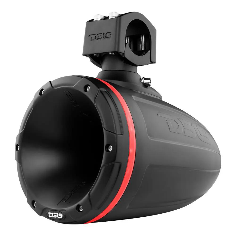 Three-quarter view of a black DS18 horn tower speaker with a red illuminated ring and clamp mount