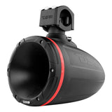 Three-quarter view of a black DS18 horn tower speaker with a red illuminated ring and clamp mount