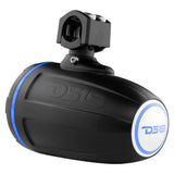 Rear angled view of a black DS18 tower speaker with a mounting clamp, blue light ring and illuminated rear emblem