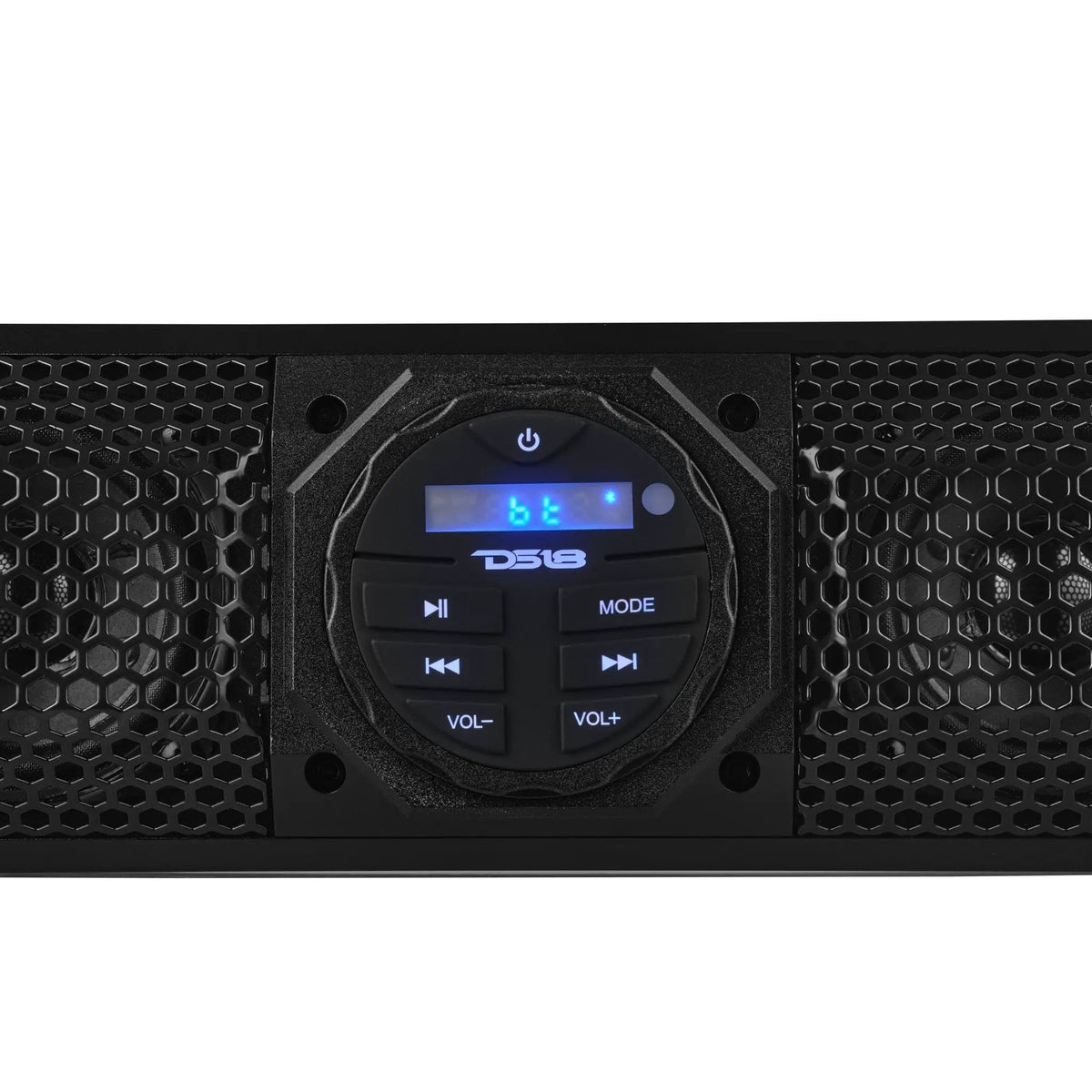 Close-up of a DS18 soundbar control panel showing Bluetooth mode, playback and volume buttons