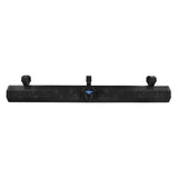 Front view of a black mesh-grille soundbar with a central illuminated control panel and three mounting clamps