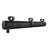 Black soundbar with central controls, three mounting clamps and a handheld remote