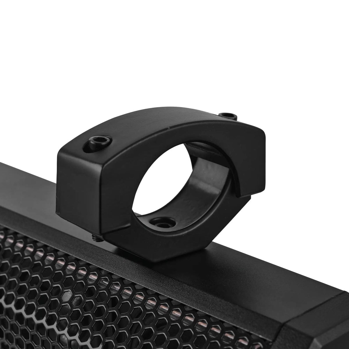 Close-up of a black split-ring mounting clamp attached to a mesh-grille soundbar