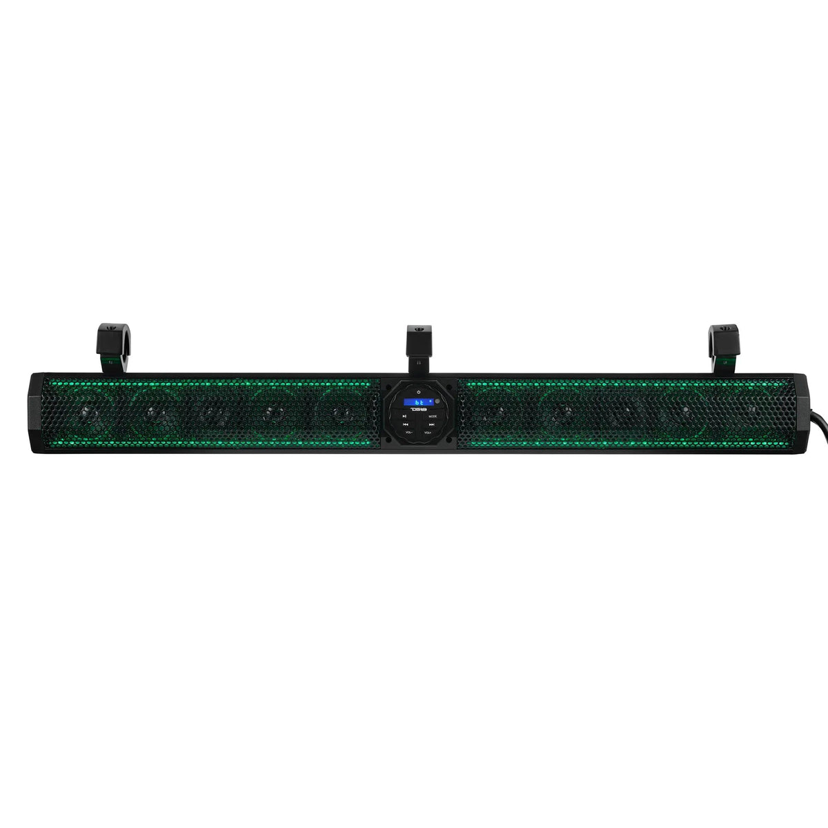 Black soundbar with green-lit speaker grilles, center controls and three mounting clamps