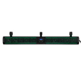 Black soundbar with green-lit speaker grilles, center controls and three mounting clamps