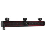 Black soundbar with red grille lighting, central controls, three mounting clamps and a remote