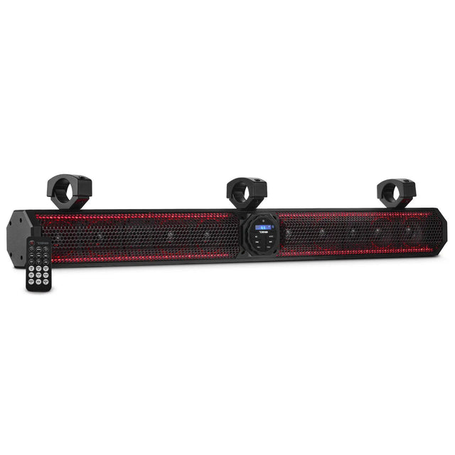 Black soundbar with red grille lighting, central controls, three mounting clamps and a remote