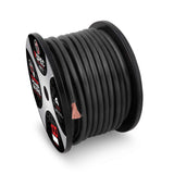 Angled view of a black T-Spec cable spool labeled 4 AWG and 100 feet, with a stripped end
