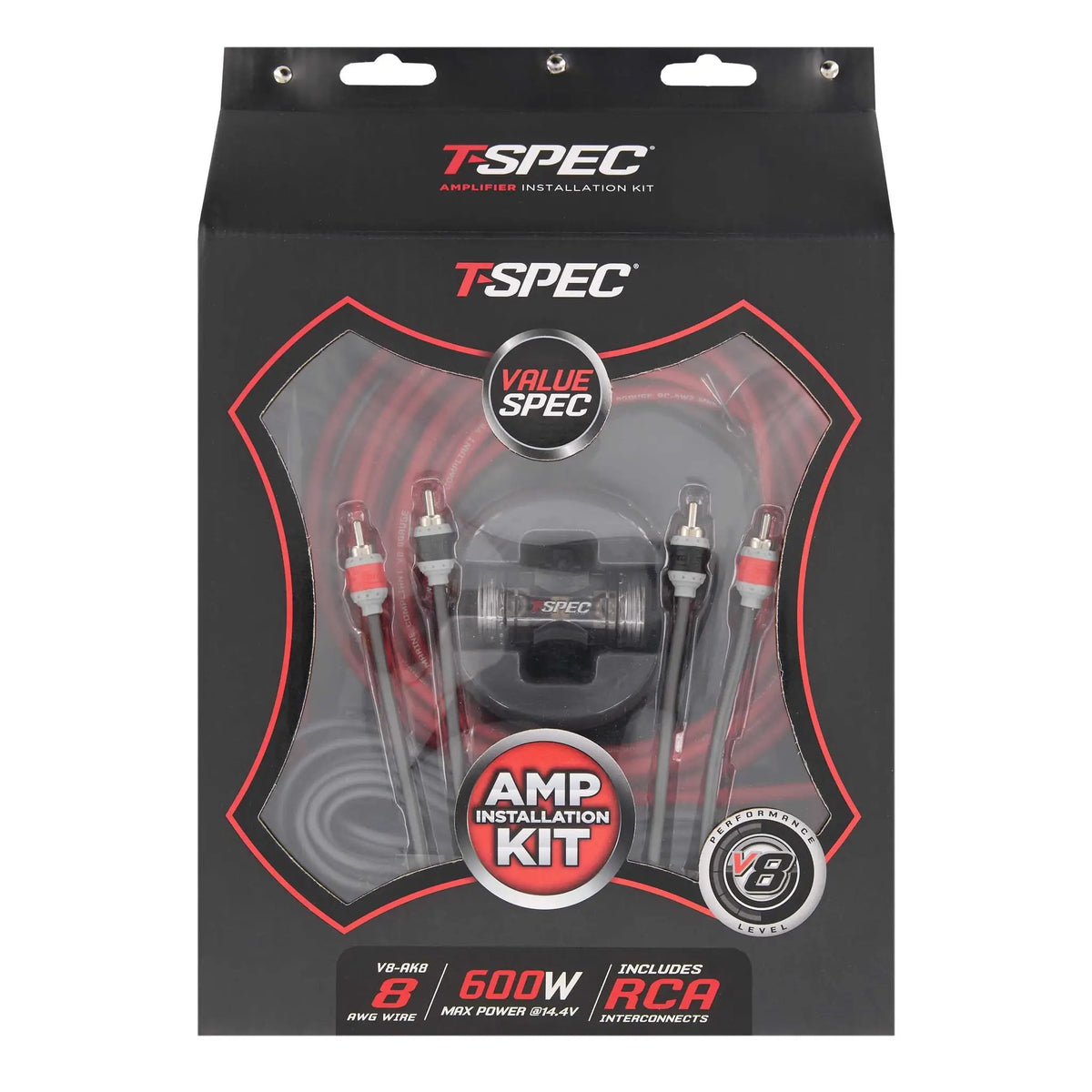 Front of a T-Spec V8 amplifier installation kit package with wiring visible through the window