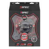 Front of a T-Spec V8 amplifier installation kit package with wiring visible through the window