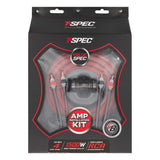 Front of the T-Spec V8-AK4 amplifier-wiring kit package showing cables, RCA plugs and the fuse holder through its clear window