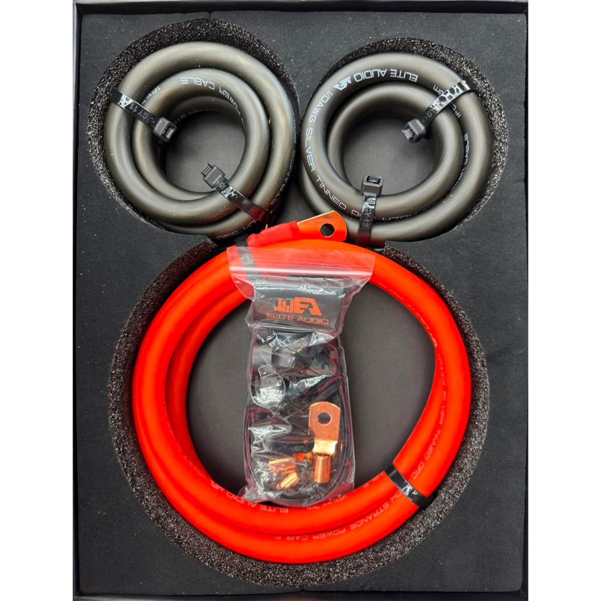 Elite Audio Premium Big 3 Kit with orange and black 1/0 gauge silver-tinned OFC cable