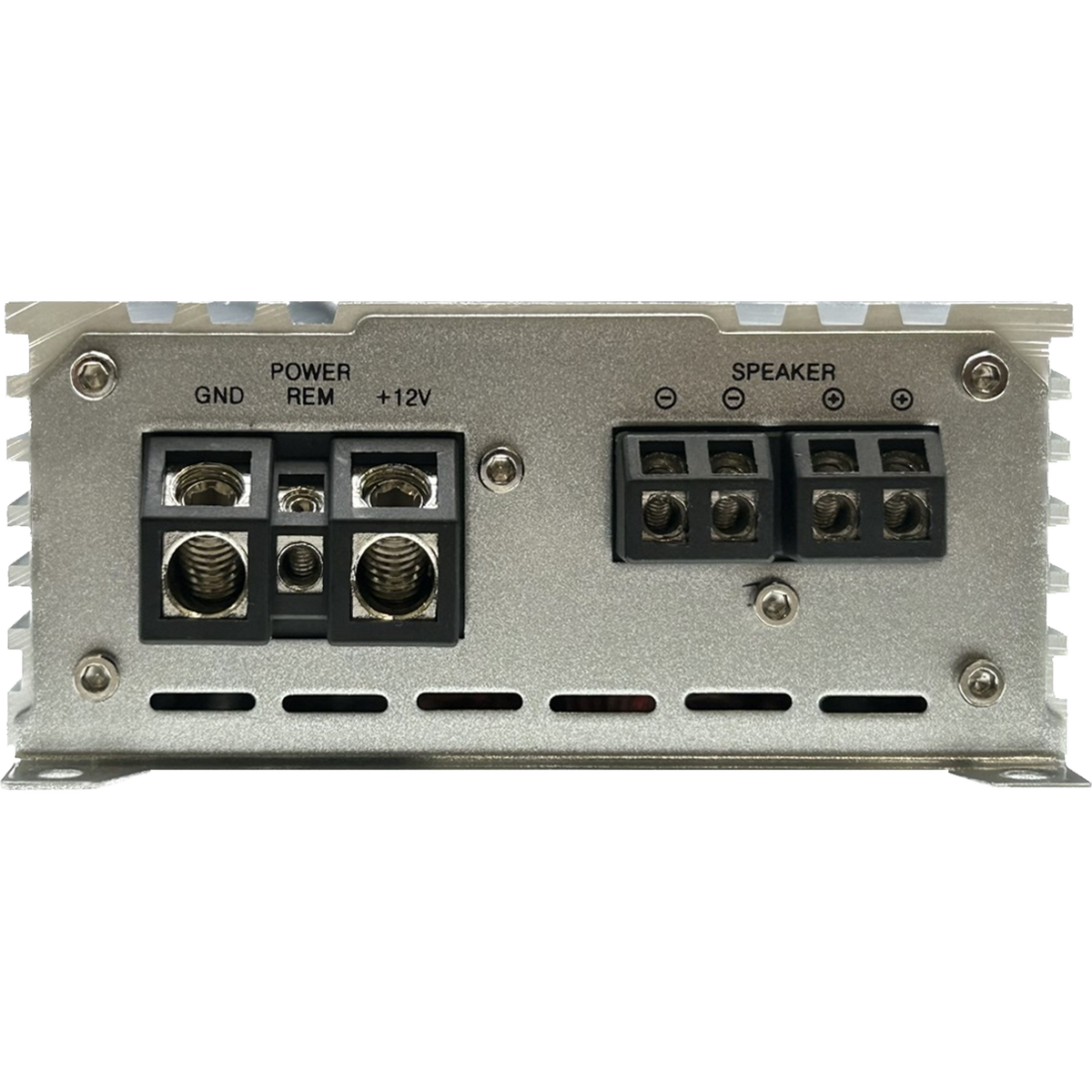 Elite Audio amplifier power and speaker terminal panel with screw terminals.
