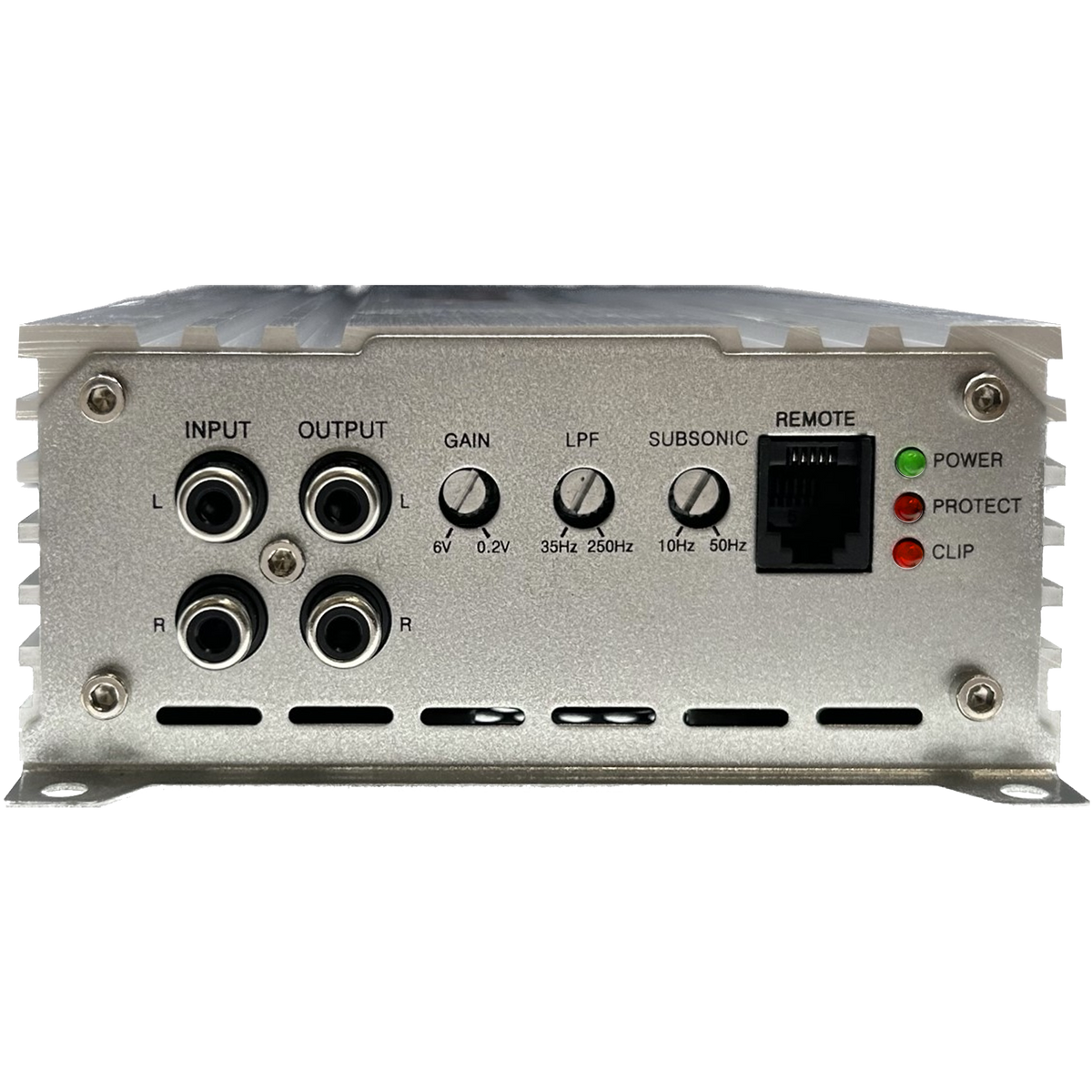 Elite Audio amplifier input panel with RCA jacks, adjustment knobs and status lights.