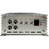 Elite Audio amplifier input panel with RCA jacks, adjustment knobs and status lights.