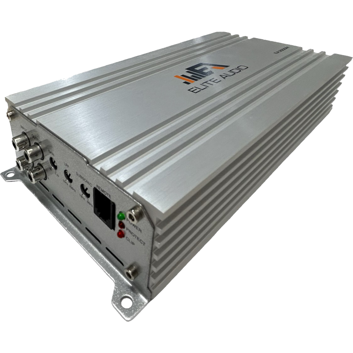 Elite Audio amplifier angled view showing silver cooling fins and the input panel.