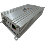 Elite Audio amplifier angled view showing silver cooling fins and the input panel.