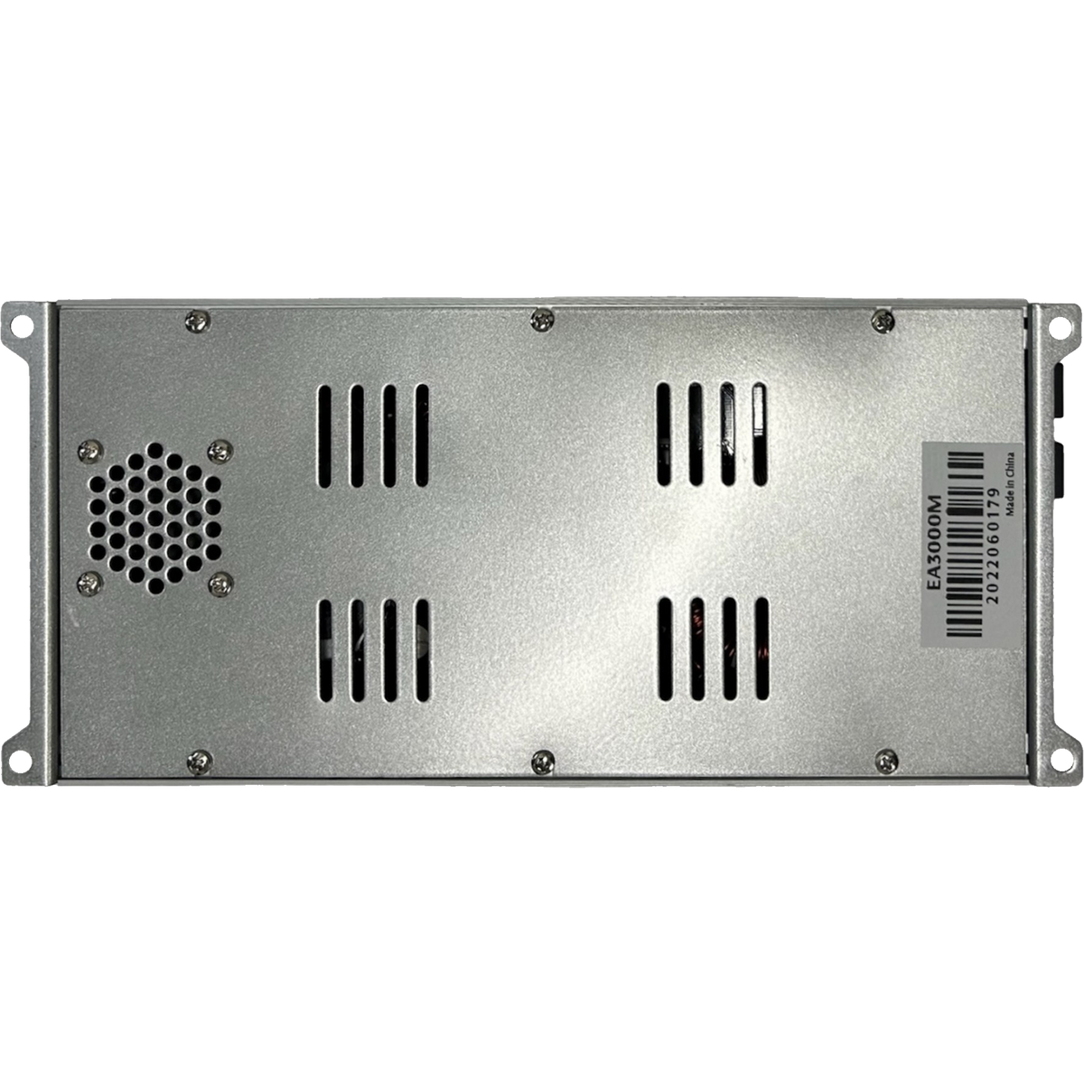 Elite Audio amplifier underside showing the vented metal baseplate, mounting tabs, and barcode label