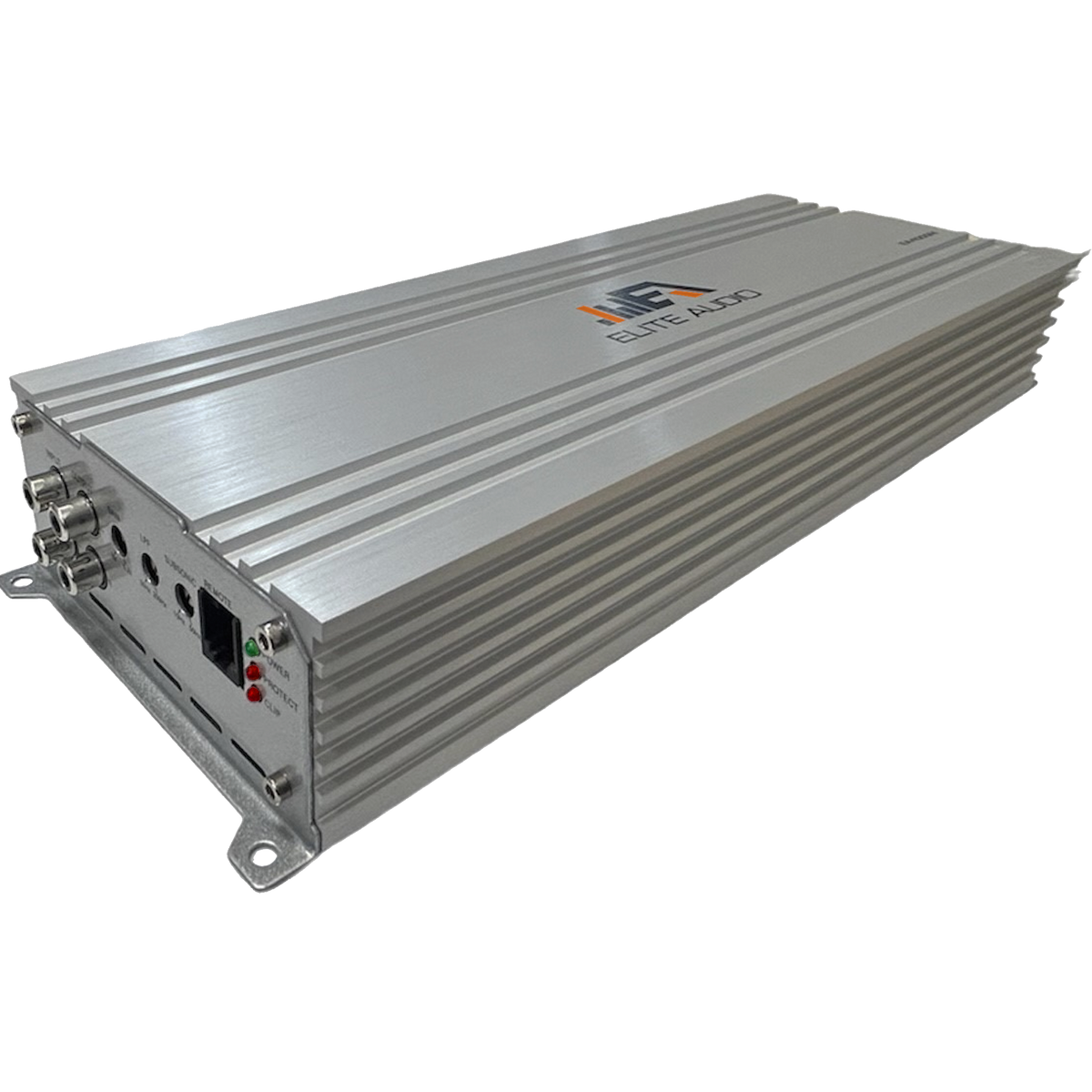 Elite Audio amplifier angled view showing the silver case, mounting feet and input panel.