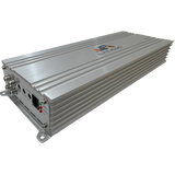 Elite Audio amplifier angled view showing the silver case, mounting feet and input panel.
