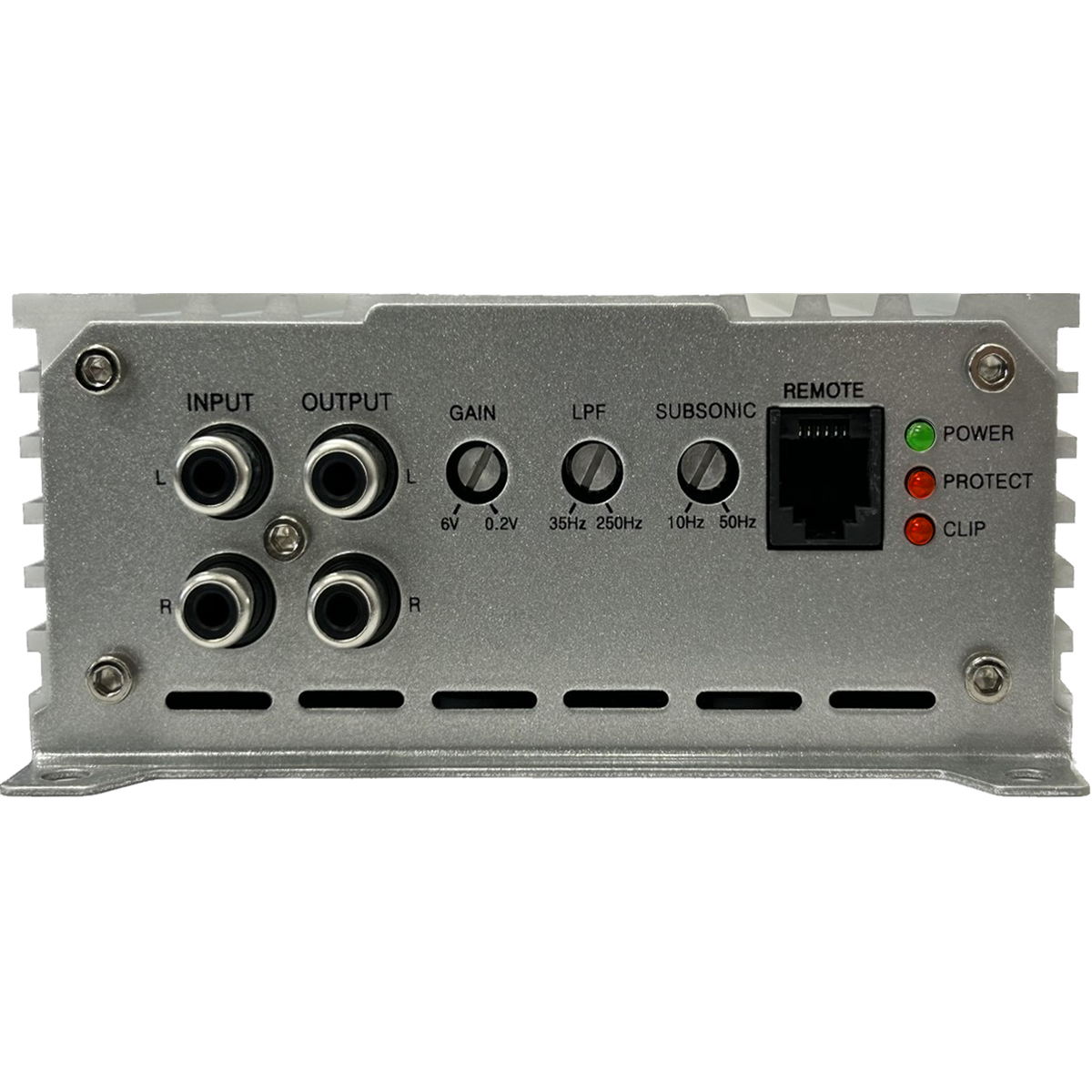 Elite Audio amplifier input panel with RCA jacks, control knobs and remote socket.