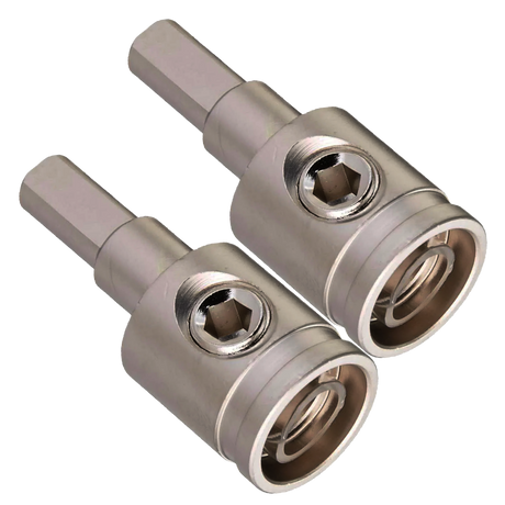 Pair of metal wire reducers with hex set screws and cylindrical cable openings