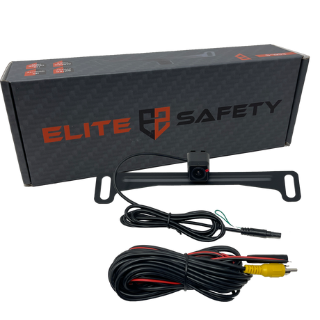 Elite Safety bar-style backup camera with cables beside its retail box