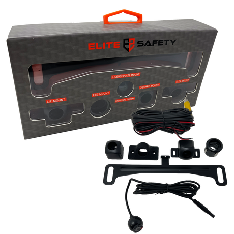 Elite Safety camera kit with multiple mounting adapters, license-plate bar, connecting cables and retail box
