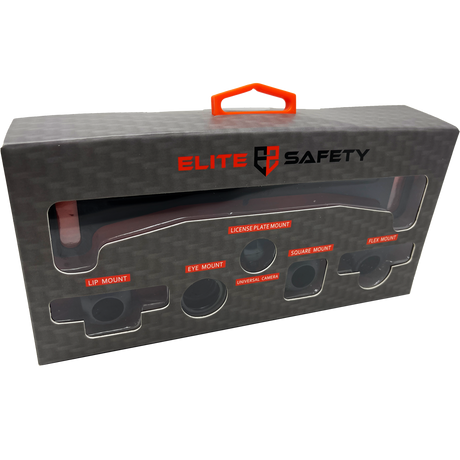 Elite Safety backup camera retail package showing multiple mounting brackets through a clear window