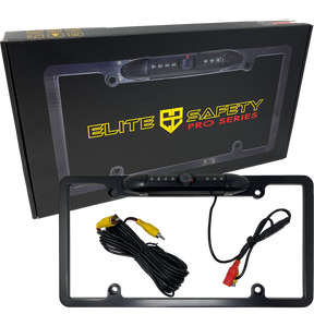 Elite Safety license-plate camera frame with LED lights, cable and retail box