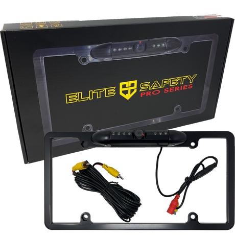 Elite Safety license-plate camera frame with LED lights, cable and retail box