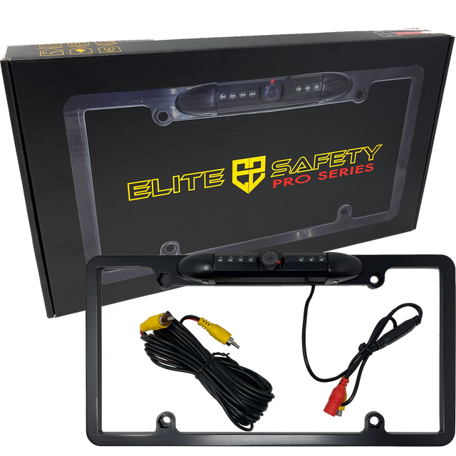 Elite Safety license-plate camera frame with LED lights, cable and retail box
