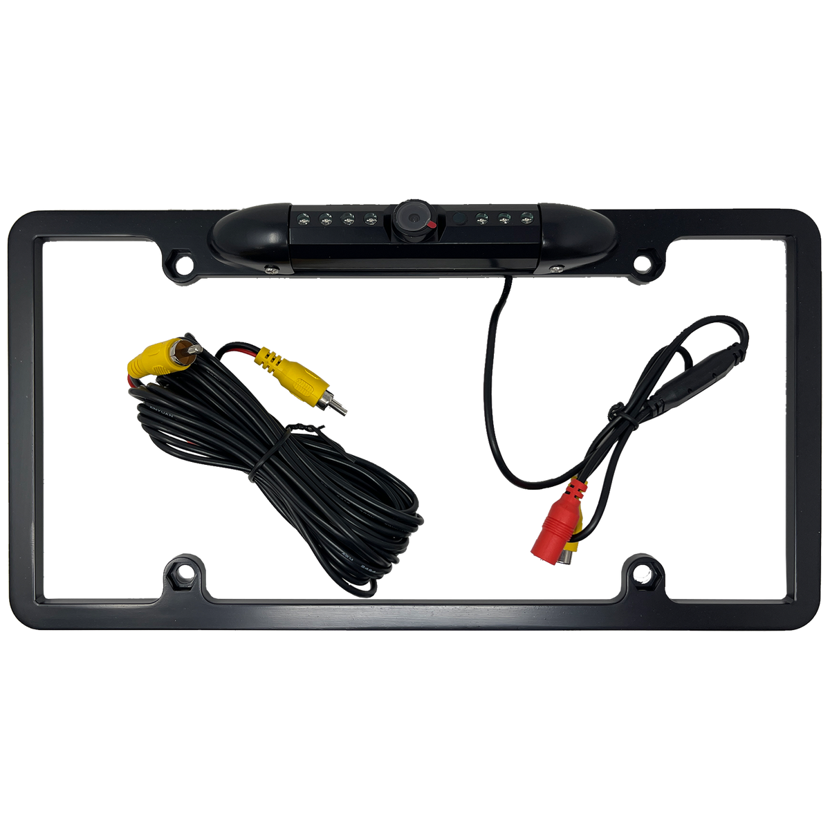 Black license-plate camera frame with central camera and coiled video and power leads
