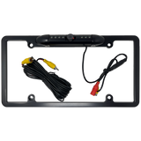 Black license-plate camera frame with central camera and coiled video and power leads