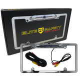 Elite Safety Pro chrome license-plate camera frame with cables beside its retail box