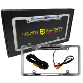 Elite Safety Pro chrome license-plate camera frame with cables beside its retail box